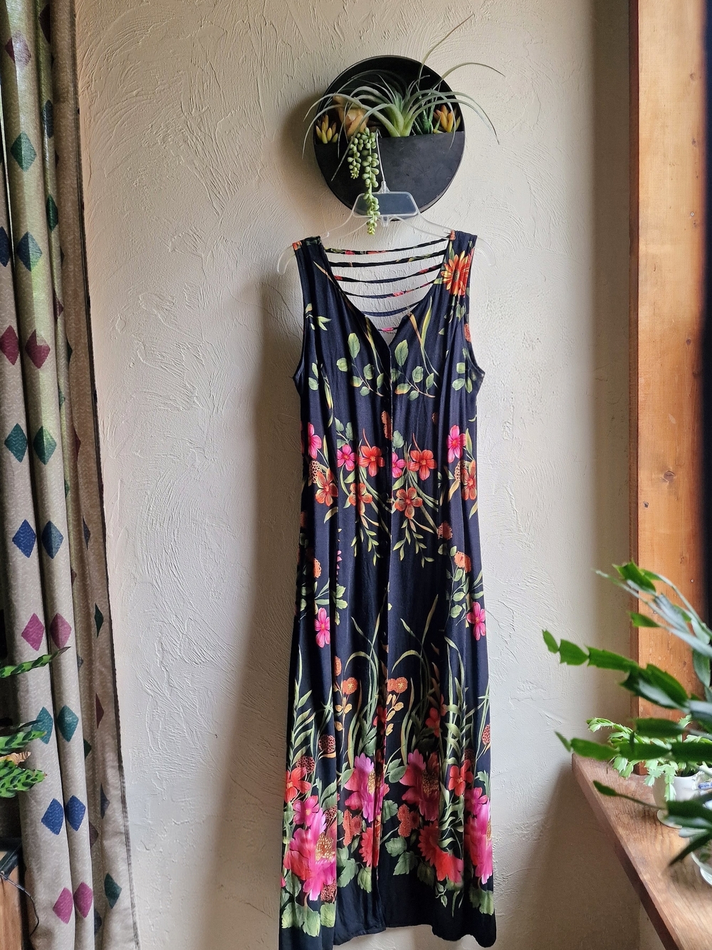 Black Floral Maxi Dress with Pink & Green Print and Ladder Back